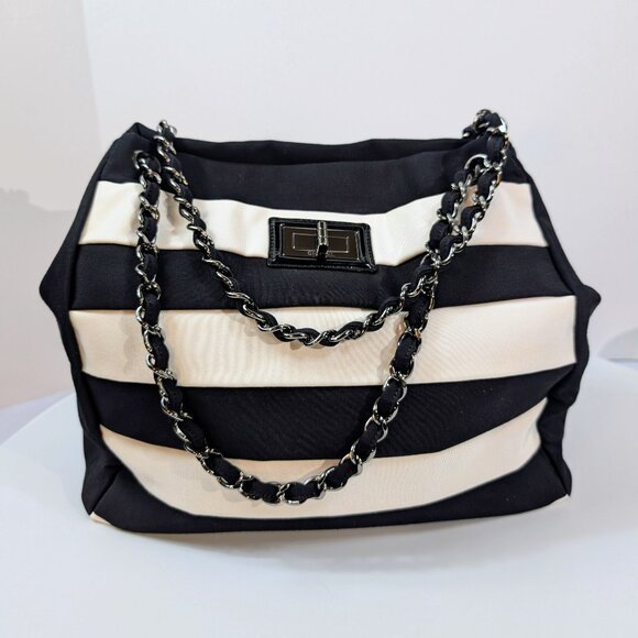 Chanel Black and White Striped Fabric Shopping Tote - Picture 1 of 16